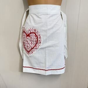 Vintage White Half Apron Red Heart Applique Rick Rack Cottagecore Valentine’s